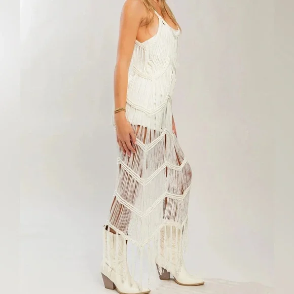 LE LIS Boho Fringe Chevron Pattern Western Maxi Dress Beach Cover Up Caftan NWT - Picture 4 of 9